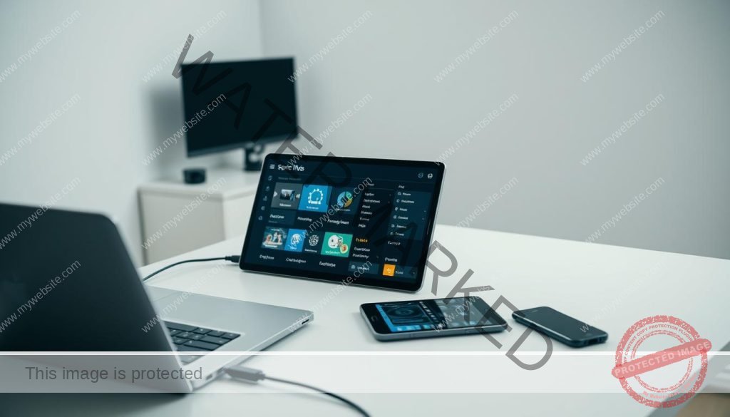 Configuração de IPTV em múltiplos dispositivos: uma cena interior moderna com um laptop, tablet e smartphone dispostos em uma mesa de trabalho, com cabos e conexões visíveis. Iluminação suave e ambiente clean, com cores neutras e tonalidades claras. O foco principal é nos diversos aparelhos e suas telas mostrando a configuração e utilização de serviços IPTV. Detalhes como ícones, menus e configurações devem estar visíveis, transmitindo a ideia de múltiplas plataformas e setups para consumo de conteúdo televisivo. Uma composição minimalista e técnica que reforça a versatilidade e conectividade dos dispositivos. Configuração de IPTV em múltiplos dispositivos: uma cena interior moderna com um laptop, tablet e smartphone dispostos em uma mesa de trabalho, com cabos e conexões visíveis. Iluminação suave e ambiente clean, com cores neutras e tonalidades claras. O foco principal é nos diversos aparelhos e suas telas mostrando a configuração e utilização de serviços IPTV. Detalhes como ícones, menus e configurações devem estar visíveis, transmitindo a ideia de múltiplas plataformas e setups para consumo de conteúdo televisivo. Uma composição minimalista e técnica que reforça a versatilidade e conectividade dos dispositivos.